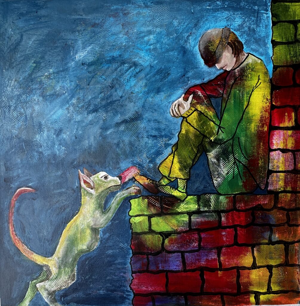 Akrylmålning i grafisk stil. Pojke och hund i starka färger.