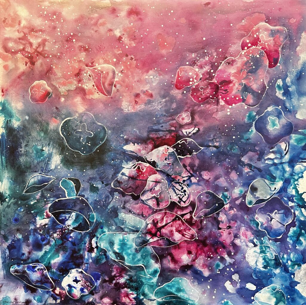 Akrylic ink målning av maneter i ett rosa och blått hav.