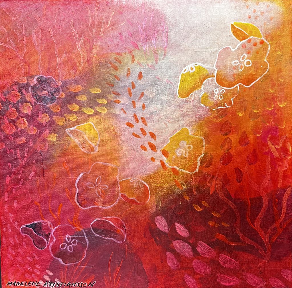 Minimalistisk målning i rödorange av maneter och havets ljus från ytan.