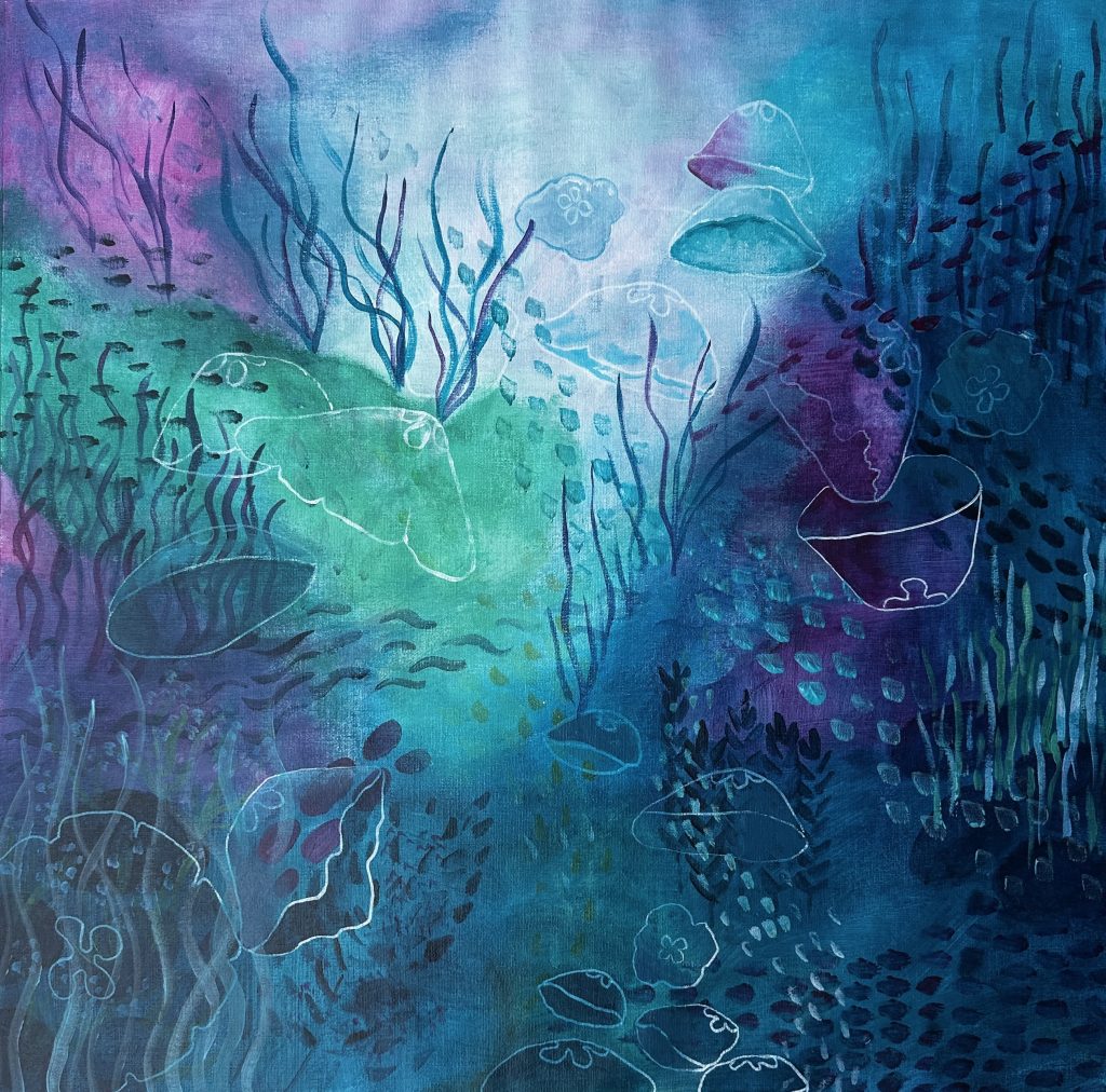 Akrylmålning av blåmaneter i turkos och lila havsmiljö.