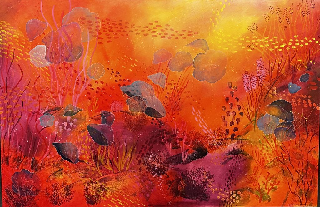 Akrylmålning av rött hav med blå och lila maneter.