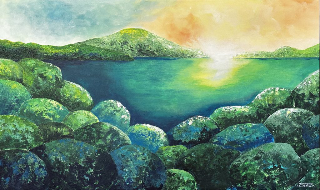 Akrylmålning av skimrande soluppgång i stenigt landskap.