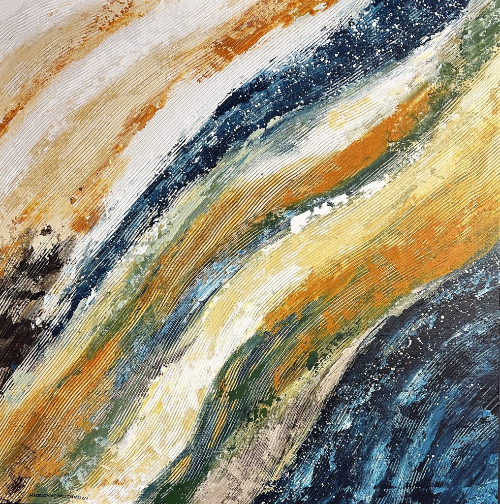 Abstrakt akrylmålning av vågrörelser vid stranden.