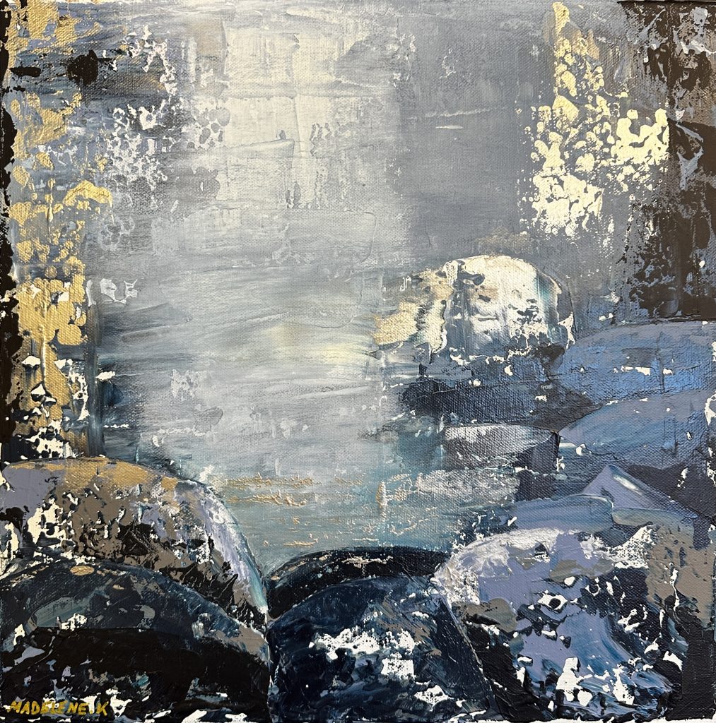 Akrylmålning av blå lagun med stenar.