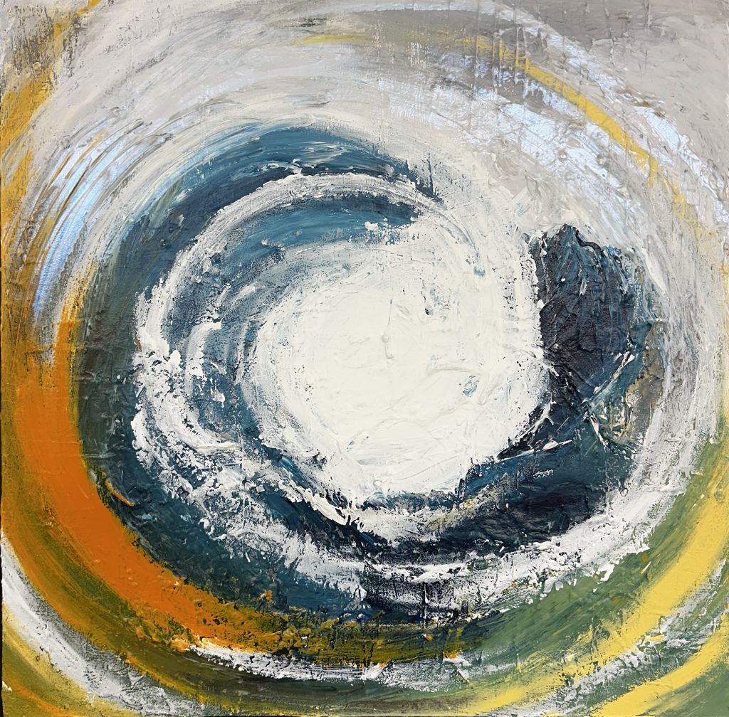 Abstrakt akrylmålning med struktur av cirkulerande vattenvirvel i blå, gul och vit färgskala