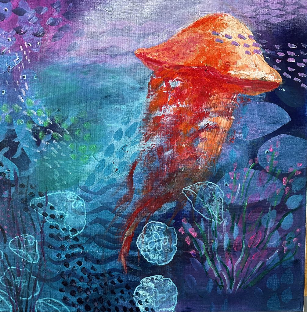 Akrylmålning av turkost hav med maneter.