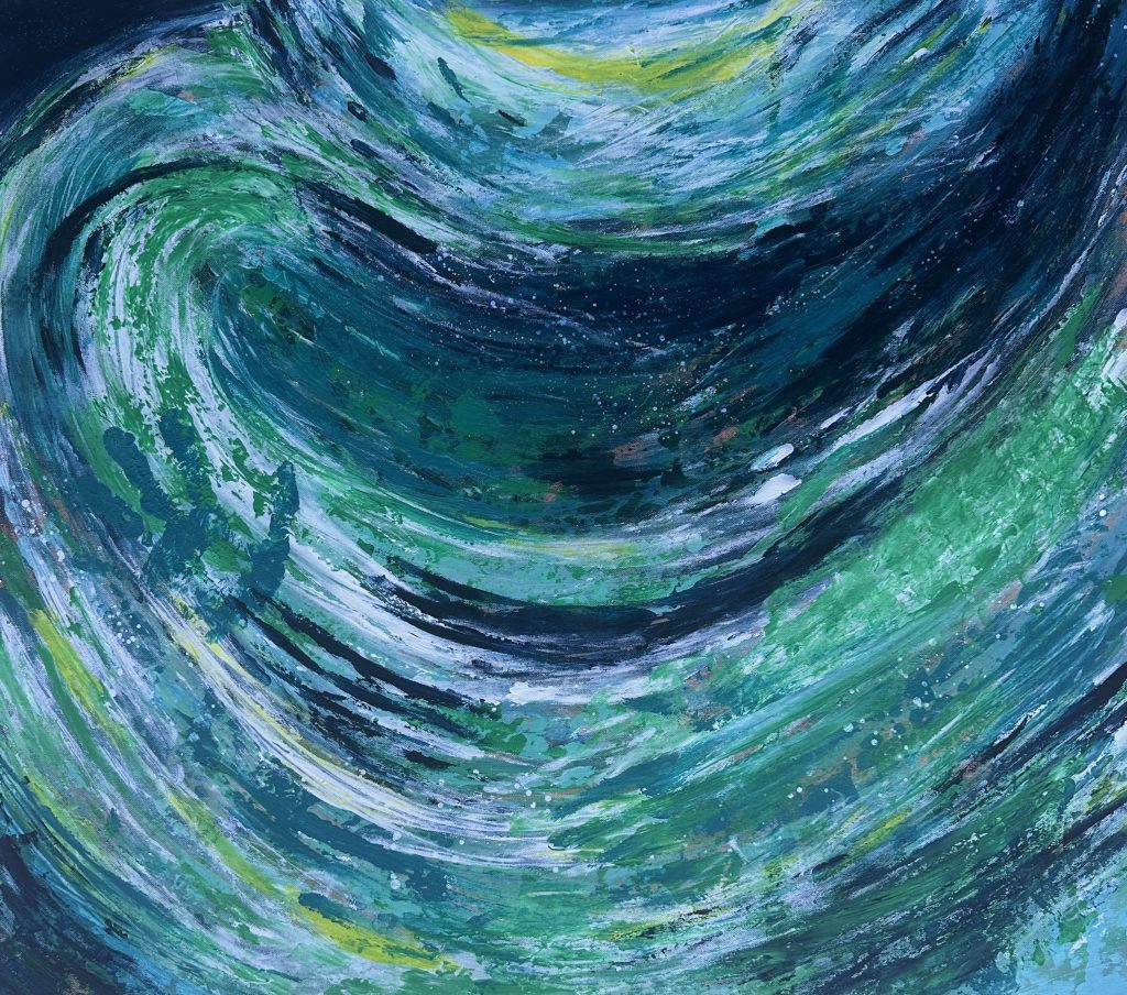 Akrylmålning av abstrakt hav i grönt, turkos och blått.