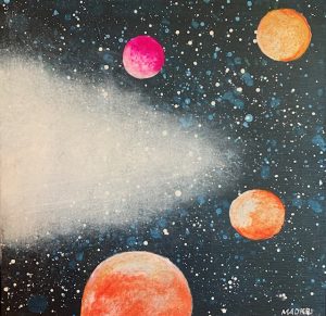 En akrylmålning där VIntergatans ljus driver planeterna ifrån varandra