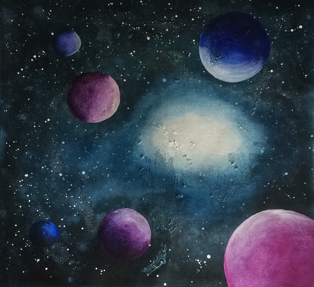 Akrylmålning med strukturpasta och flera himlakroppar i rymden.