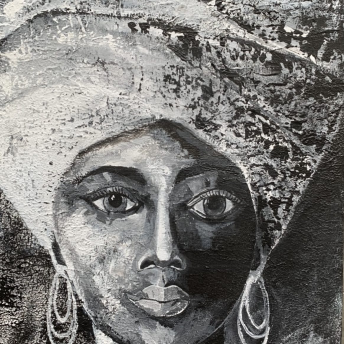 Svart-vit målning av afrikansk kvinna med turban.