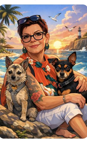 Tecknad bild av Madelene och hennes två hundar, Pompe och Lexus.